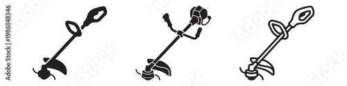 Vector icons of string trimmers (grass cutters) in three styles: solid silhouette, detailed petrol trimmer, and bold outline. Professional equipment for lawn care and gardening.