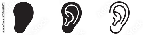 Vector icons of a human ear in three styles: solid silhouette, detailed anatomy, and bold outline. Symbols representing hearing, audiology, sensory perception, and health.
