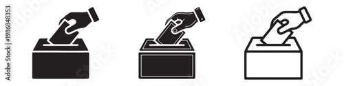 Vector icons of a hand putting a ballot into a box in three styles: solid silhouette, detailed hand with sleeve, and bold outline. Symbols for elections, democracy, and voting.
