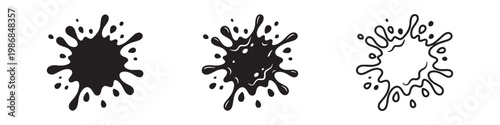 Vector icons of liquid splashes and ink blots in three styles: solid silhouette, detailed with highlights, and bold outline. Creative elements for paint, oil, or water drops.