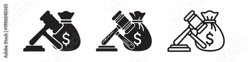 Vector icons of a judge gavel and a money bag with a dollar sign in three styles: solid silhouette, detailed, and bold outline. Concept of legal fees, auctions, and financial law.