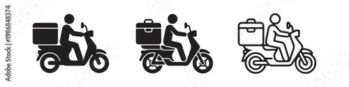 Vector icons of a courier riding a scooter with a delivery box in three styles: solid silhouette, detailed person on moped, and bold outline. Ideal for food and express delivery services.