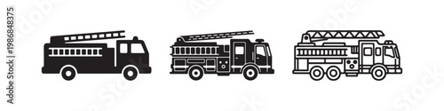 Vector icons of fire engines with ladders in three styles: solid silhouette, detailed emergency truck, and bold outline. Symbols for firefighting services and rescue operations.