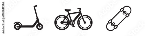 Vector icons of a kick scooter, bicycle, and skateboard in a clean bold outline style. Modern symbols for eco-friendly urban transportation and active lifestyle.