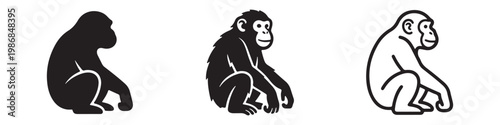 Vector icons of a sitting monkey or chimpanzee in three styles: solid silhouette, detailed animal anatomy, and clean bold outline. Ideal for wildlife and nature themes.