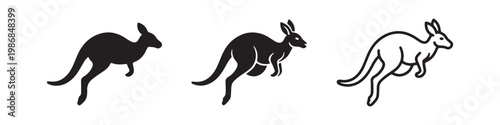 Vector icons of a jumping kangaroo in three styles: solid silhouette, detailed animal anatomy with pouch, and clean bold outline. Ideal for Australian wildlife and nature themes.