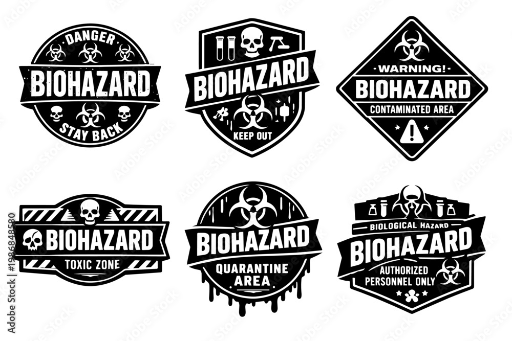 Fototapeta premium Biohazard warning labels set with skull symbol, danger warning signs, toxic zone, quarantine area emblems