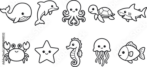 Set of sea ocean animals cartoon line art style illustrations  marine life