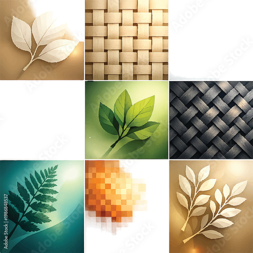 Abstract nature background set with elegant leaves and woven textures, organic botanical vector illustrations, decorative foliage and geometric patterns