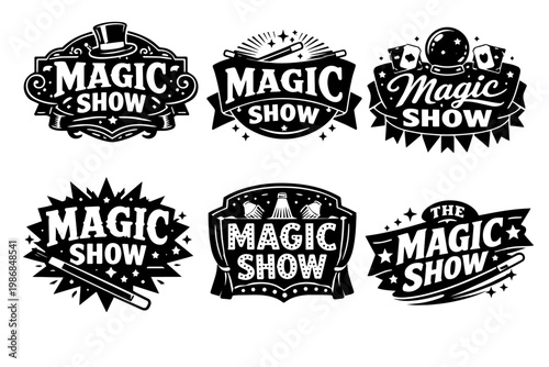 Collection of vintage magic show logo designs, featuring top hats, wands, playing cards, and crystal ball illusions