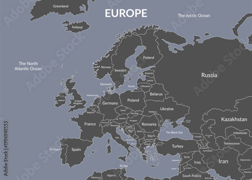 Detailed dark political map of the European countries and nearby regions13. Vector flat background.