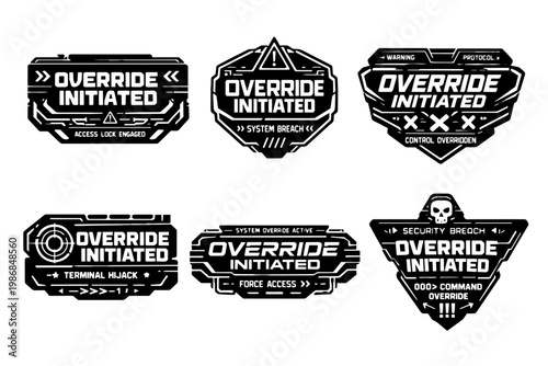 Override initiated interface emblems activating system breach, terminal hijack, and security protocols in a futuristic digital environment