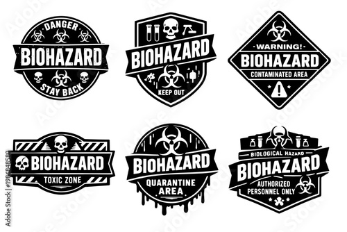 Biohazard warning labels set with skull symbol, danger warning signs, toxic zone, quarantine area emblems
