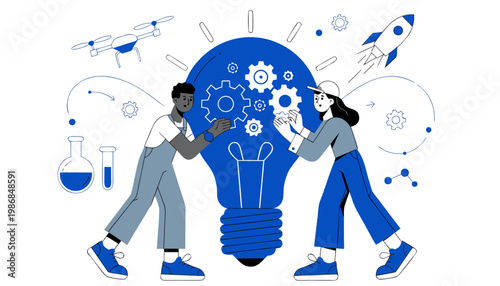 Modern Flat Vector Illustration of Creative Teamwork for Startup Growth and Scientific Discovery.eps