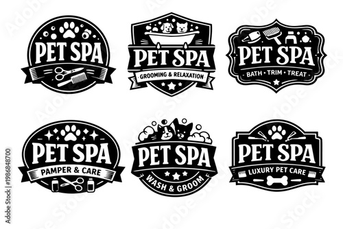Pet spa badges vector collection illustrating grooming, washing, and pampering services for dogs and cats