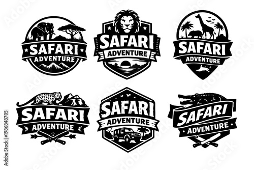 Collection of safari adventure logos featuring wild animals, nature elements, and exploration vehicle for outdoor tourism