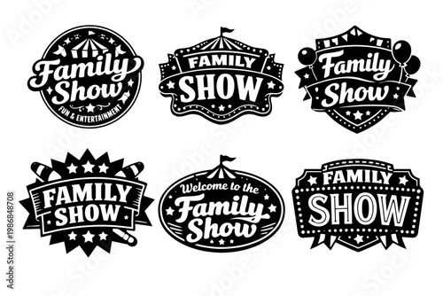 Family show and carnival entertainment typography designs, featuring vintage labels and retro marquee signs for events