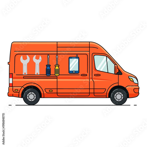 Orange Service Van with Tools and Tablet - Mobile Repair Vehicle Illustration