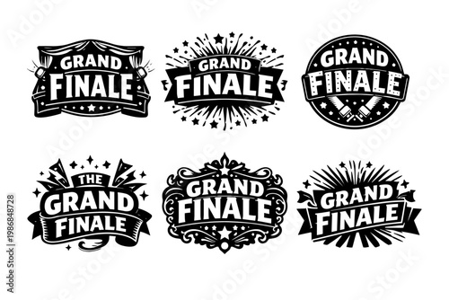 Grand finale collection featuring vintage labels, emblems, banners, and typography for celebration design