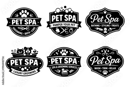 Pet spa grooming care service labels set, vintage animal bath clinic emblems, paw print dog cat wellness logos