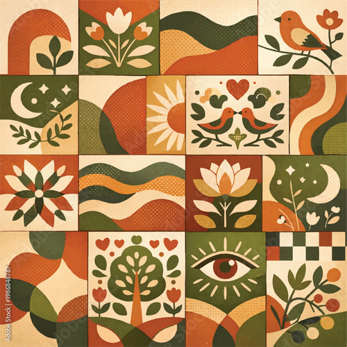 Retro folk art pattern with botanical elements and birds, vintage geometric tiles with floral motifs, mid-century modern nature illustration vector