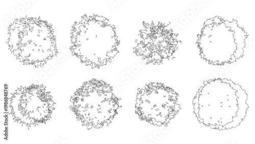 Set of tree canopy top view line drawings for landscape planning and architectural projects.