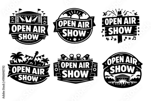 Vector illustration set of open air show logos, emblems, and badges for outdoor musical events, festivals, and concerts
