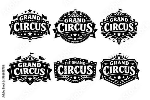Grand circus badges and emblems collection, vintage style entertainment festival event banners with tent and stars