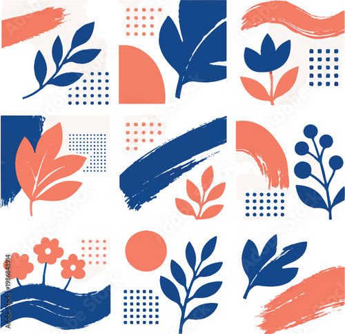 Abstract floral pattern with botanical leaves and brush strokes, modern organic shapes in blue and coral, minimalist nature vector set