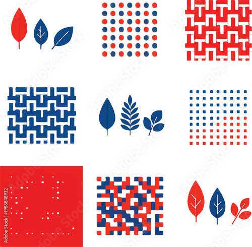 Minimalist geometric pattern set, red and blue abstract leaf icons, modern textile textures and mosaic vector elements for branding