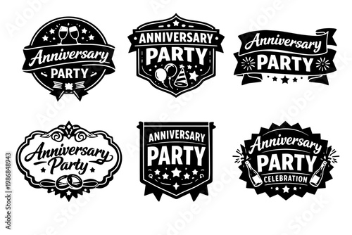 Anniversary party black and white badges and labels set, celebrating special events with vintage festive designs