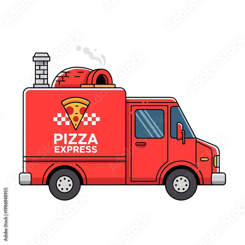 Red Pizza Express Food Truck with Wood-Fired Oven and Slice Icon