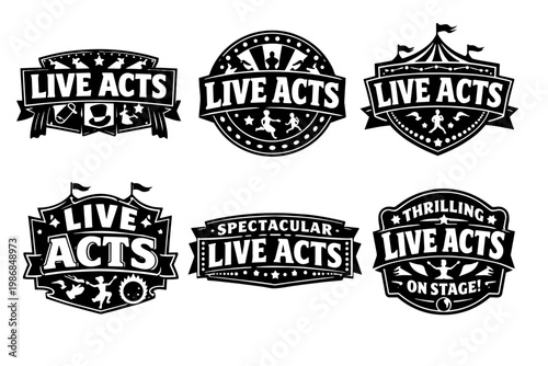 Live acts entertainment emblems and festival logos set, featuring carnival typography, performance symbols, and show event badges