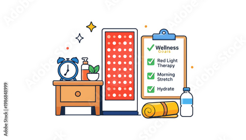 Wellness vector illustration with morning routine checklist and red light therapy