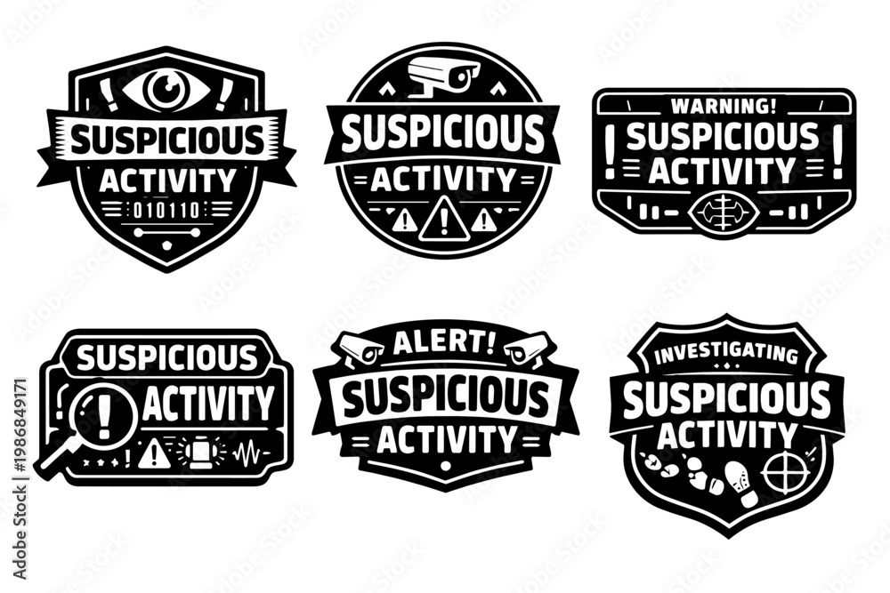 Fototapeta premium Suspicious activity badges and labels set with eyes, cameras, magnifying glass, footprints, and warning symbols
