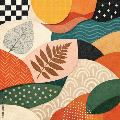 Abstract botanical landscape vector, geometric nature background with leaves and organic shapes, mid-century modern aesthetic with paper texture