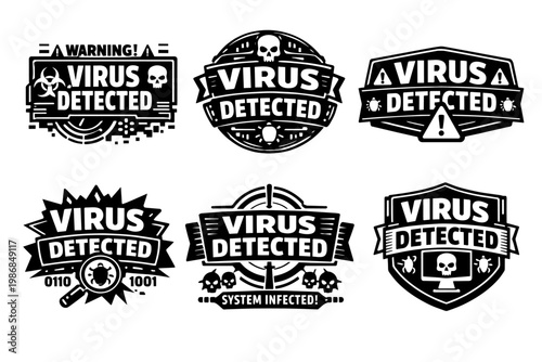 Virus detected warning labels set. Cyber security threats, malware alert signals, system infected signs, and data protection icons