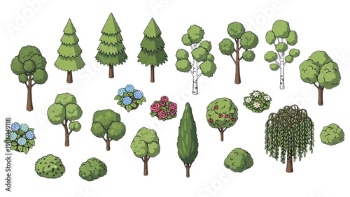 Various vector 2D CAD trees and plants in a natural setting illustration