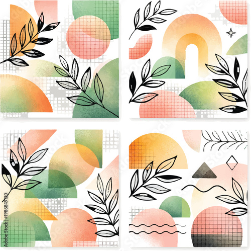Boho abstract botanical background set, 4 vector square cards with geometric shapes and leaves, minimalist watercolor aesthetic for social media