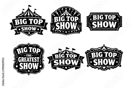 Black and white graphic elements featuring big top show lettering, circus tents, stars, and decorative borders