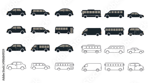 Various vector 2D CAD designs of cars and buses in different styles