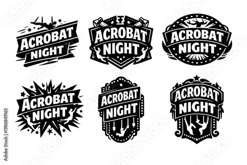Set of acrobat night badges and labels featuring gymnasts performing acrobatic stunts, creating emblems for show events and entertainment