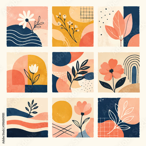 Boho abstract floral vector collection, 9 botanical square illustrations with organic shapes, minimalist hand drawn flowers in terracotta and navy