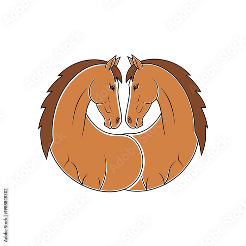 Two brown horses forming a circle emblem on white background, vector illustration