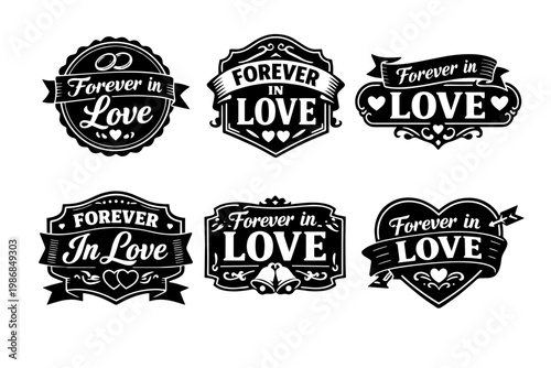 Forever in love phrase on wedding and engagement badge icons, symbolizing romance, celebration, and eternal commitment