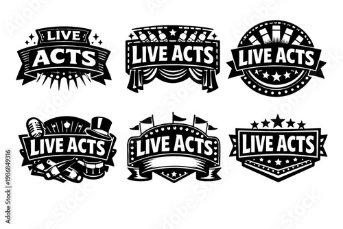Live acts entertainment badges set, vintage style circus show and theater performance emblems, festival event logos