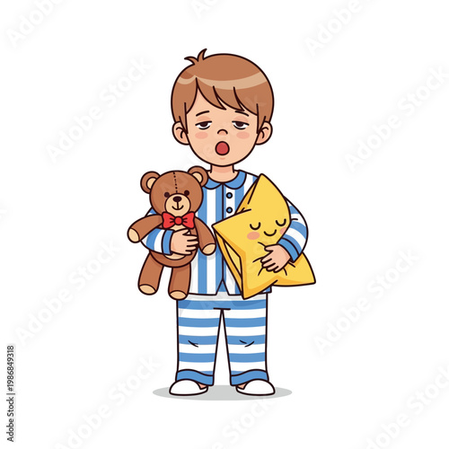 Tired boy in pajamas holding teddy bear and star pillow, yawning, ready for bed