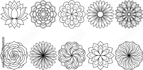 Set of various floral designs and patterns for coloring and decoration purposes online