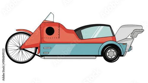 A vector 2D CAD illustration of a futuristic tricycle with sidecar
