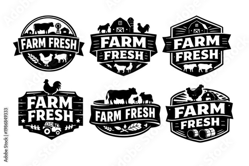 Farm fresh agricultural logos set presenting vintage and modern design concepts for organic food and sustainable farming
